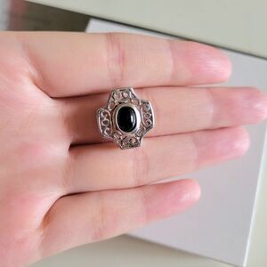 Two Way Art Deco Sterling Silver Black Onyx Cabochon Necklace Pendant Filigree